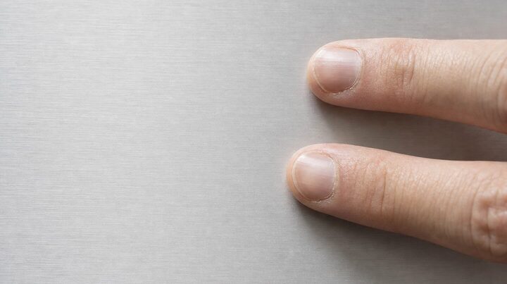 Overhead close-up of two fingertips resting on the brushed aluminium palm rest of a laptop.