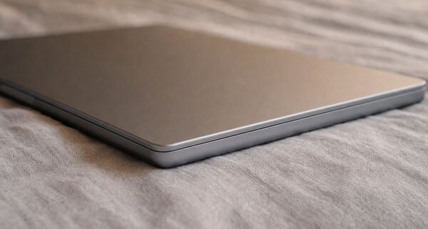 A closed aluminium laptop resting on a rumpled linen bedspread in warm evening light.